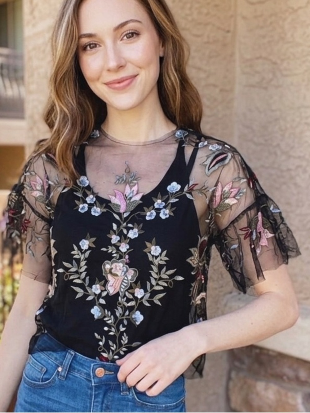 Zara Black Sheer Floral Embroidered Mesh Overlay Feminine Whimsigoth Boho Fairy